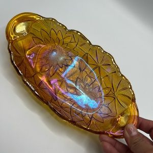 Indiana Carnival Glass Marigold Sunflower Oval Handled Dish Amber Iridescent